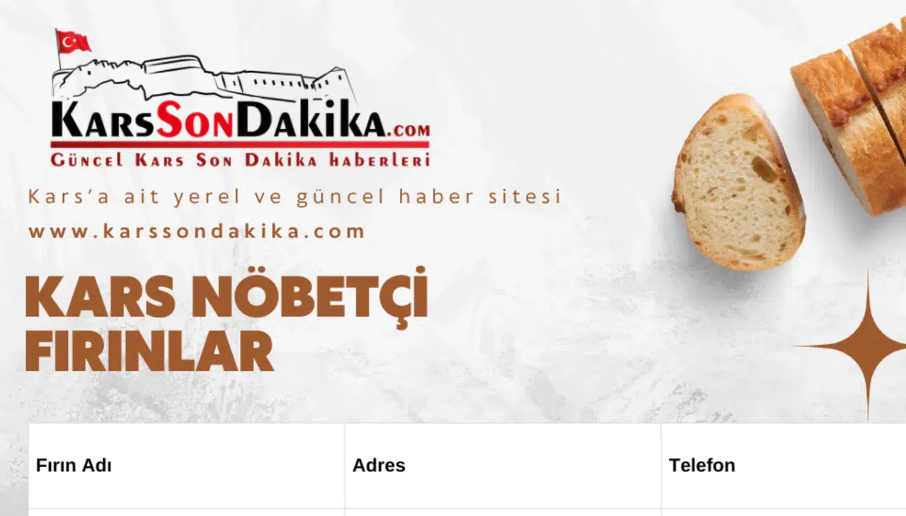Kars 23 Kasım Pazar Günü Nöbetçi Fırınlar Listesi.