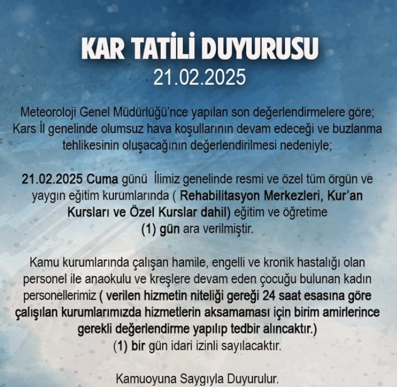 Kars'ta Kar Tatili İlan Edildi: Okullar Bir Gün daha Kapalı!
