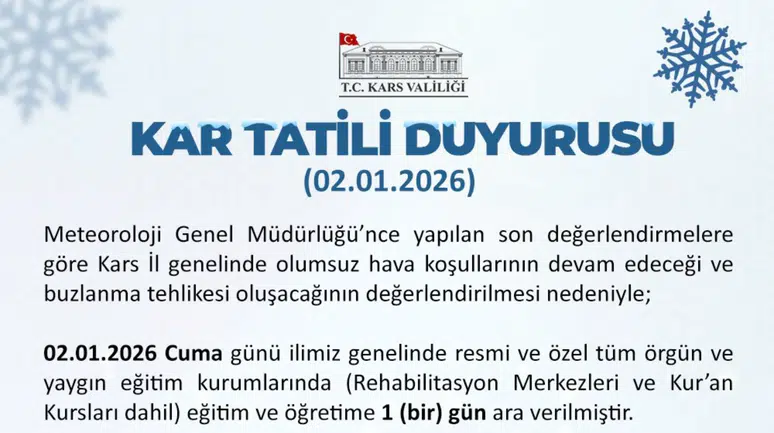 Kars'ta kar nedeniyle okullar tatil, engelliler ve hamileler idari izinli!